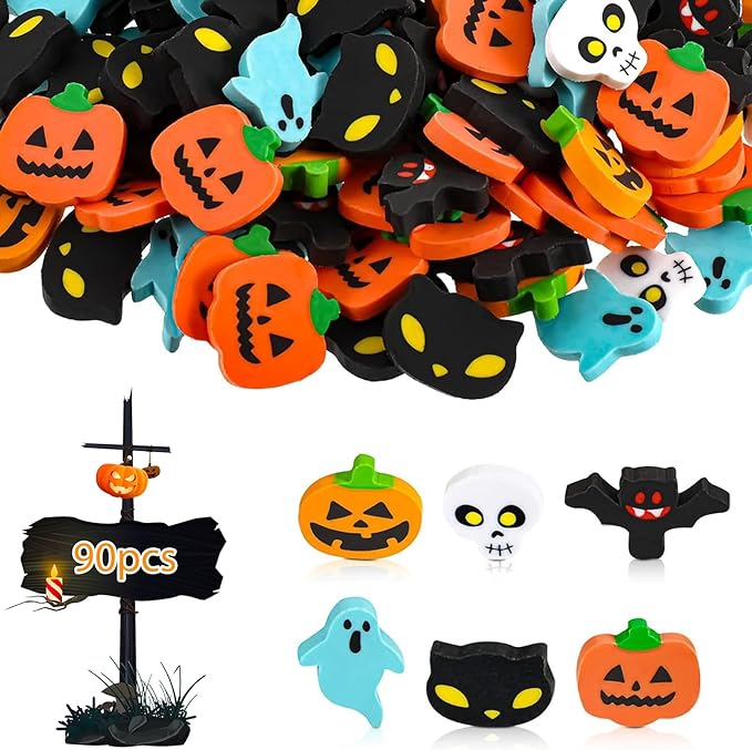 Kleeblatt Halloween Erasers for Kids Bulk 90pcs, 6 Styles Mini Fun Halloween Treats Non Candy, Party Favors for Kids, Treat Bag Fillers, Prize Box Toys for Classroom