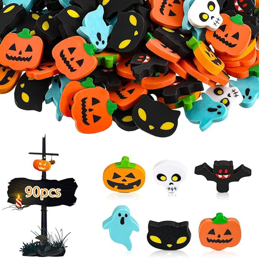 Kleeblatt Halloween Erasers for Kids Bulk 90pcs, 6 Styles Mini Fun Halloween Treats Non Candy, Party Favors for Kids, Treat Bag Fillers, Prize Box Toys for Classroom
