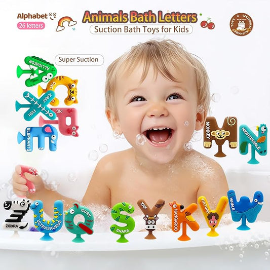 Bath Alphabet Letters,ABC Bath Toys,Alphabet Games,26 Cute Animals Silicone Bathtub Letters with Suction Cup,ABC Learning Toys for Kids Ages 3-5