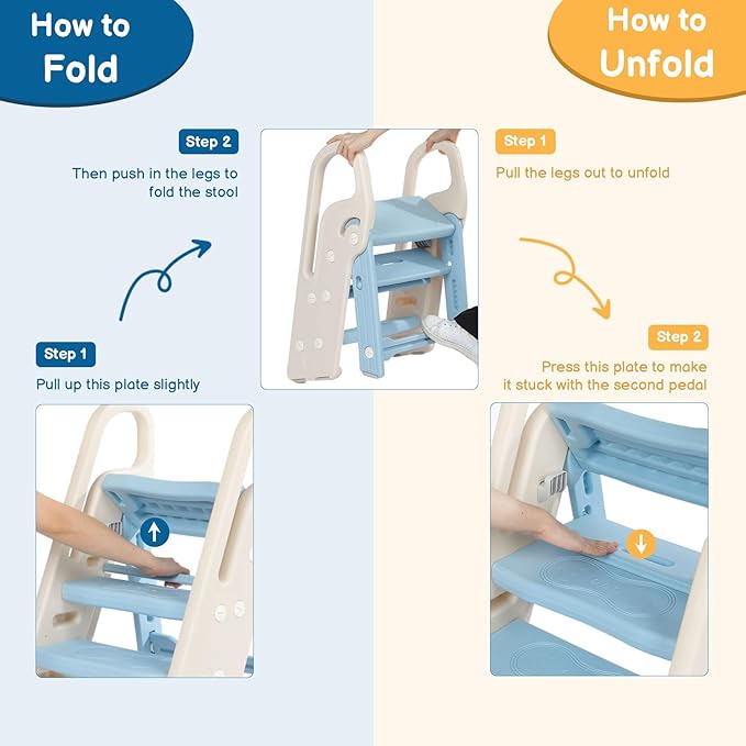 Onasti Foldable Toddler Step Stool for Bathroom Sink, Adjustable 3 Step Stool for Kids Toilet Potty Training Stool with Handles, Child Kitchen Counter Stool Helper, Plastic Ladder for Toddlers Blue