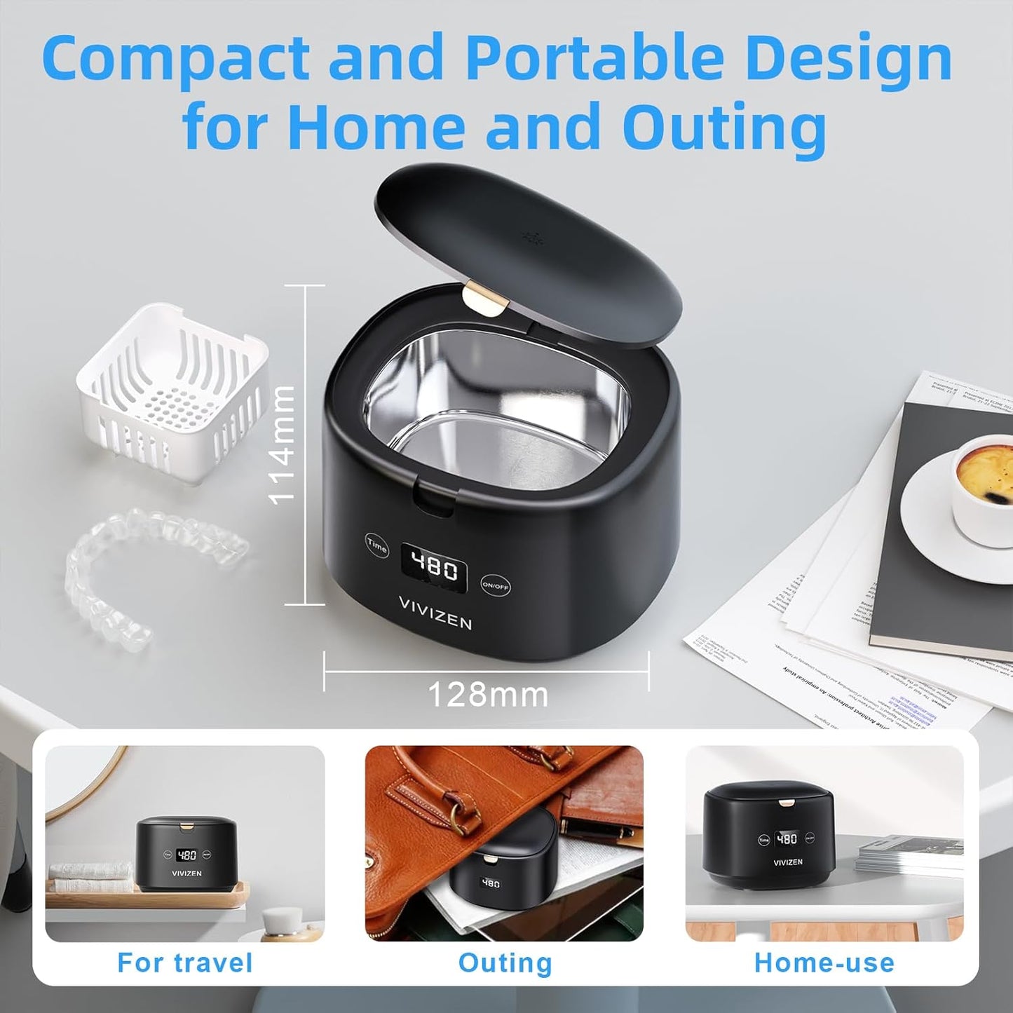 Ultrasonic Retainer Cleaner Machine Sonic Dental Cleaning Machine for Dentures, Aligners, Braces, Mouth Guards, Jewelry, Portable 30W/45kHz (Black)