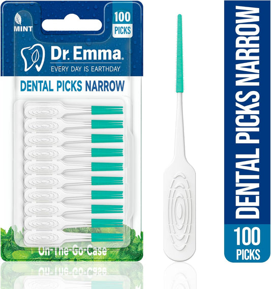 Dr. Emma Dental Picks Narrow Space Mint Soft Rubberized Tooth Picks Tight Floss Pick Easy to Use Brush Picks for Teeth Cleaning and Gum Health 100Ct/Pack, 4 Pack(400Ct)