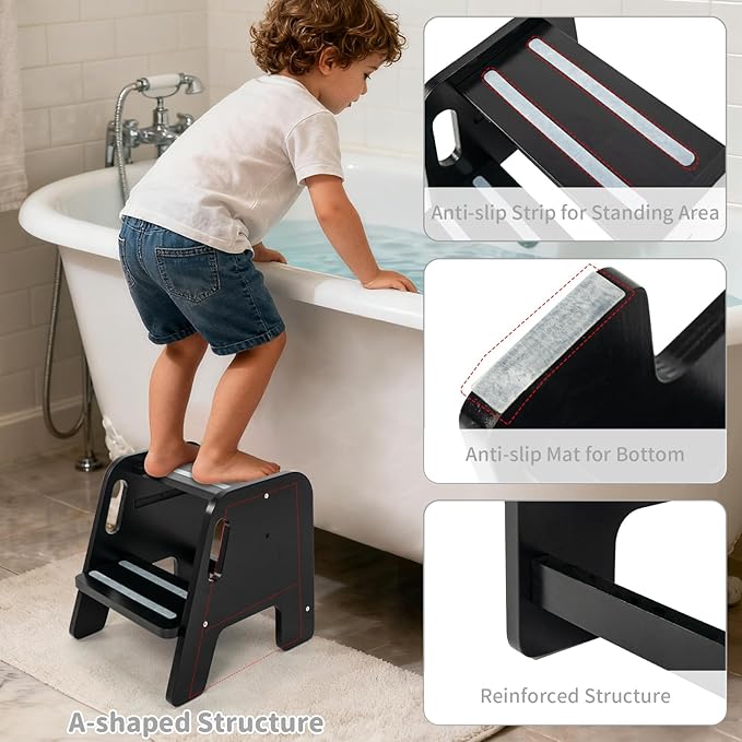 WOOD CITY Toddler Step Stool, Wooden 2 Step Stools for Bathroom Sink Potty Training Kitchen Dual Height Stool Helper for Kids Bonus Non-Slip Pads and Handles for Safety （Black）