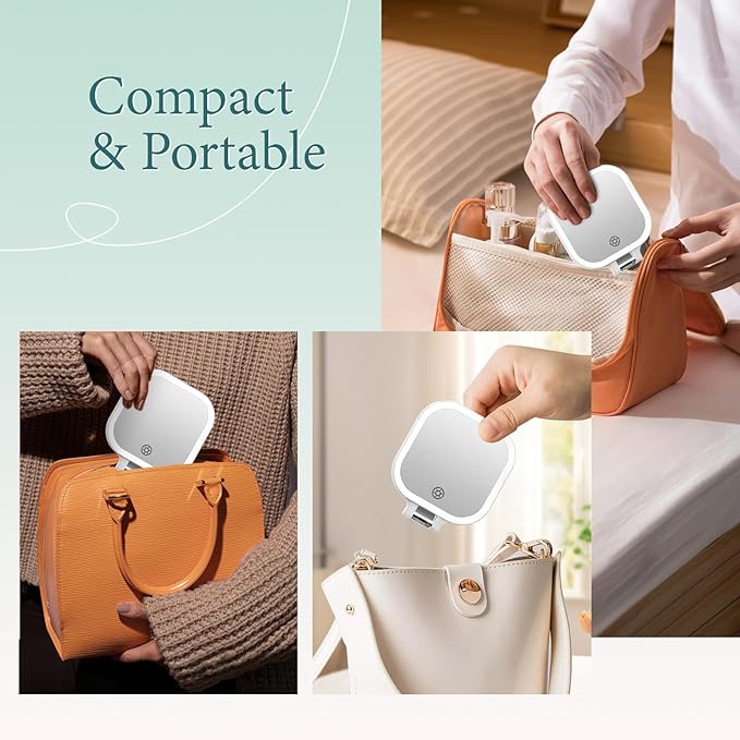 FUNTOUCH 4inch 1x 10x Magnifying Travel Makeup Mirror with Lights, Rechargeable Lighted Compact Mirror with Light, 3 Color Lighting, Double Sided Portable Handheld Hanging Compact Mirror, Dimmable