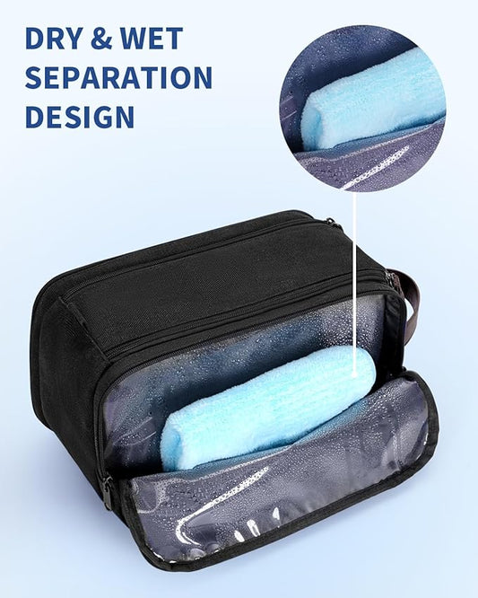 WANDF Toiletry Bag for Men Travel Toiletry Organizer Canvas and Leather Dopp Kit Water-Resistant Shaving Bag for Travel Accessories (Black, Large)
