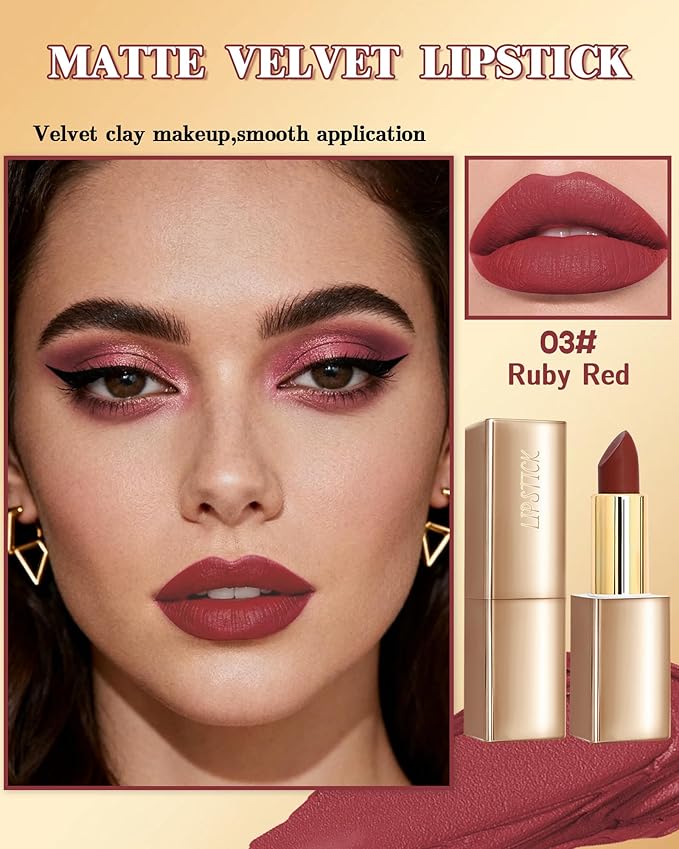 Velvet Matte Lipstick, Ruby Red High Pigmented Lip Tint Stain, Waterproof Long Lasting Cream Lip Gloss, Non-Stick Cup Smooth Tinted Lip Balm, Thanksgiving Lip Professional Makeup Gift for Women-03