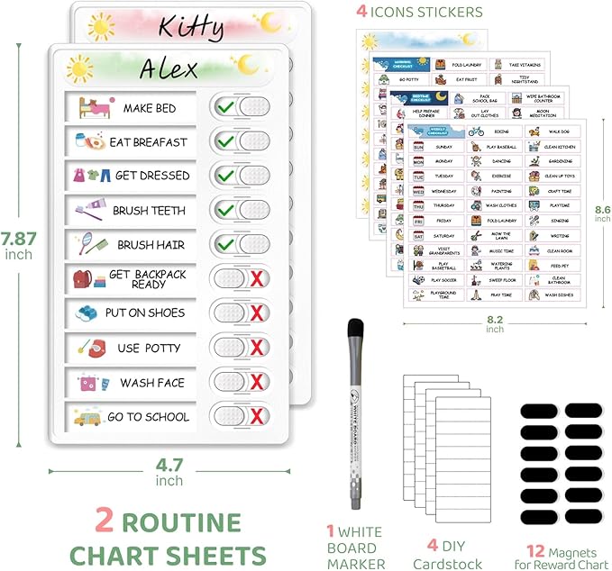 Upgraded Slider Dry Erase Chore Chart for Kids, Whiteboard Magnetic Chore Chart for 2 Kids, Reusable Morning/Bedtime Routine Chart for Kid Toddlers Teens Adult, Visual Schedule for Kid with Autism
