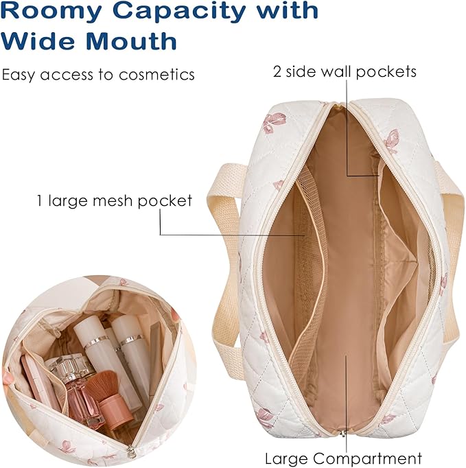 Large Size Quilted Coquette Makeup Bag, Cute Preppy Floral Cotton Travel Cosmetic Organizer Bag with Top Handle, Multi-Layer Travel Toiletry Pouch for Girls (08Heart Bow)