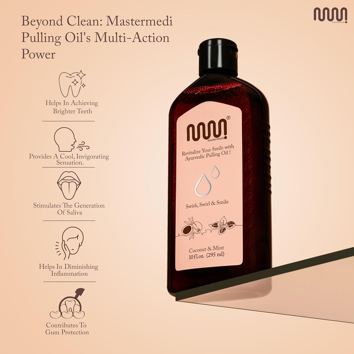 MasterMedi Coconut and Peppermint Oil Pulling (10 Fl.Oz), Mouthwash with Tongue Scraper, Alcohol Free Natural Coconut Oil Pulling for Teeth Whitening,Fresh Breath and Healthier Gum (Pack of 1)