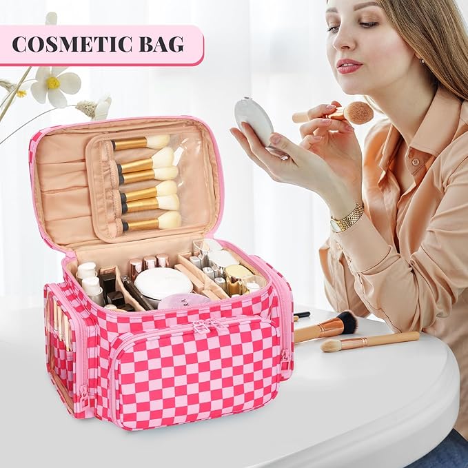 Large Checkered Makeup Bag, Travel Makeup Bag Organizer for Women Girls with Makeup Brush Compartment & Two Side Pockets, Cosmetic Travel Bag Vertical Storage Toiletry Bag- Hotpink