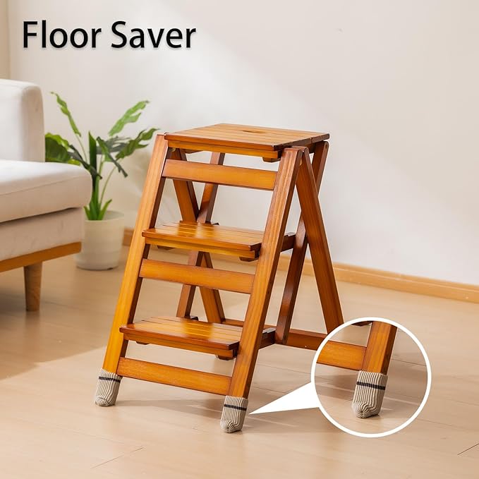 Latifolia Foldable 3 Step Ladder, Wooden Step Stool with Floor Saver, Decorative Ladder Shelf for Living Room, Kitchen, Garden(Walnut)