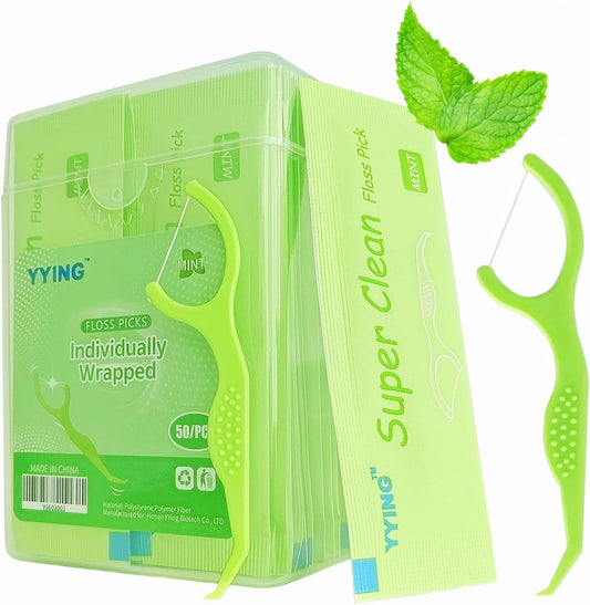 Dental Flossers 50 Count Each Individually Wrapped, Fresh Mint Professional Tooth Picks Flossers for Adults Provide a Deep Cleaning with Portable Case