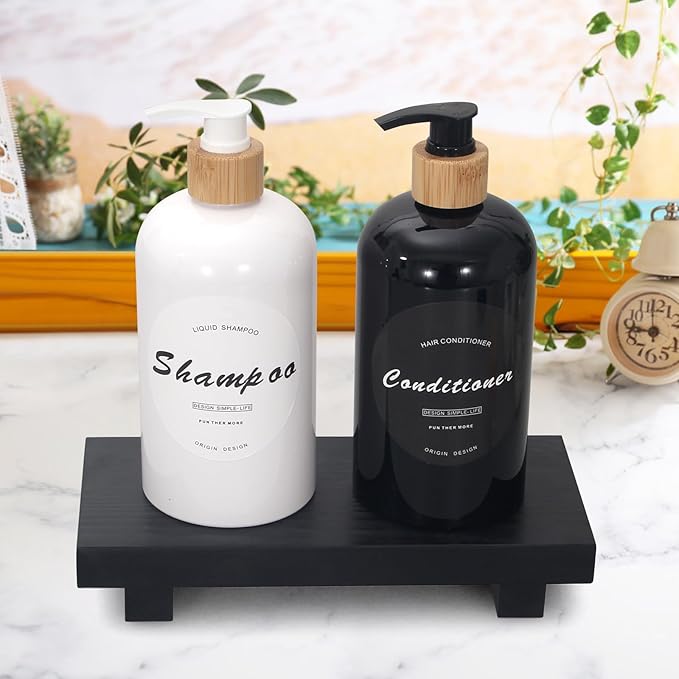 Wooden Pedestal Stand Black Bathroom Counter Organizer Tray Decor Farmhouse Wood Risers Small Hand Soap Dish Dispenser Holder for Kitchen Sink Modern Bathroom Vanity Accessories Decorative Tray