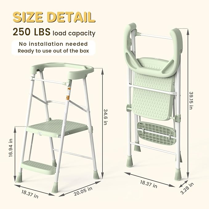 HBTower Kids Step Stool 2 Steps, Toddler Tower for Kitchen Counter Learning, Toddler Kitchen Stool Helper with Anti-Drop Safty Railing Kids Standing Folding Stepper, Green