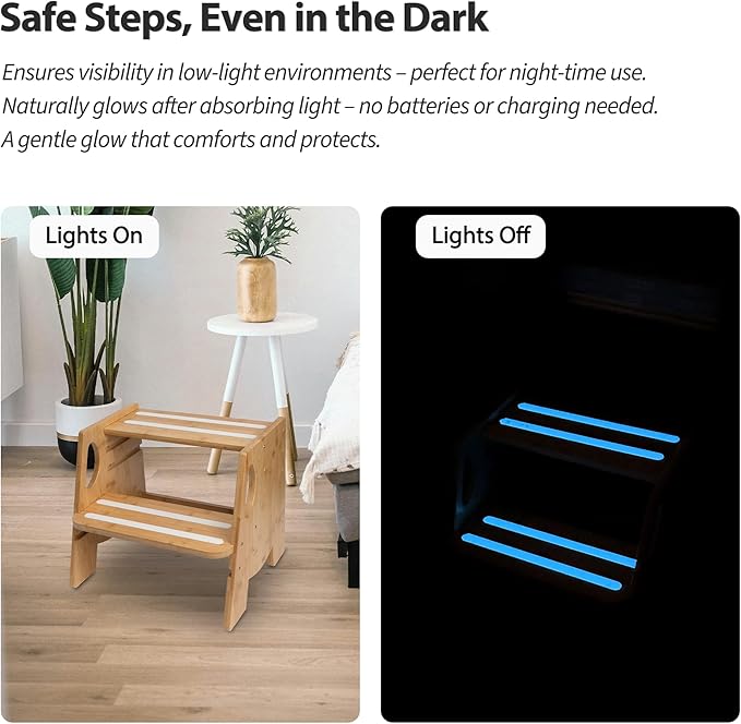 Wooden Toddler Step Stool for Bathroom Sink, Height-Adjustable, Luminous Anti-Slip Strips, Bamboo 2-Step Stool for Kids Adults, 300lbs, for Toilet Potty Training, Kitchen Counter, Bed