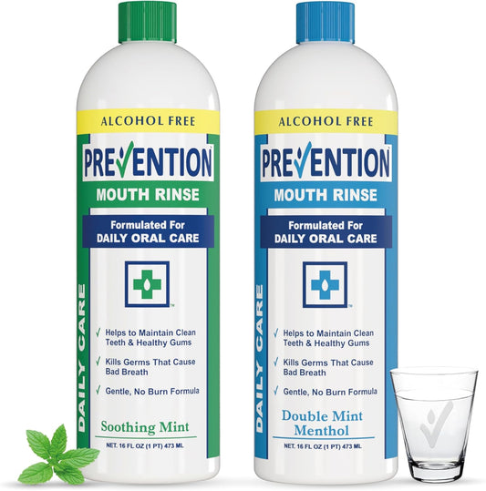Prevention Daily Care Combo Pack, Alcohol-Free Mouthwash, Hydrogen Peroxide Teeth Whitening, 1 Bottle of Soothing Fresh Mint, 1 Bottle of Double Mint Menthol, Gum Care Oral Mouth Rinse 16 oz 2 Pack.