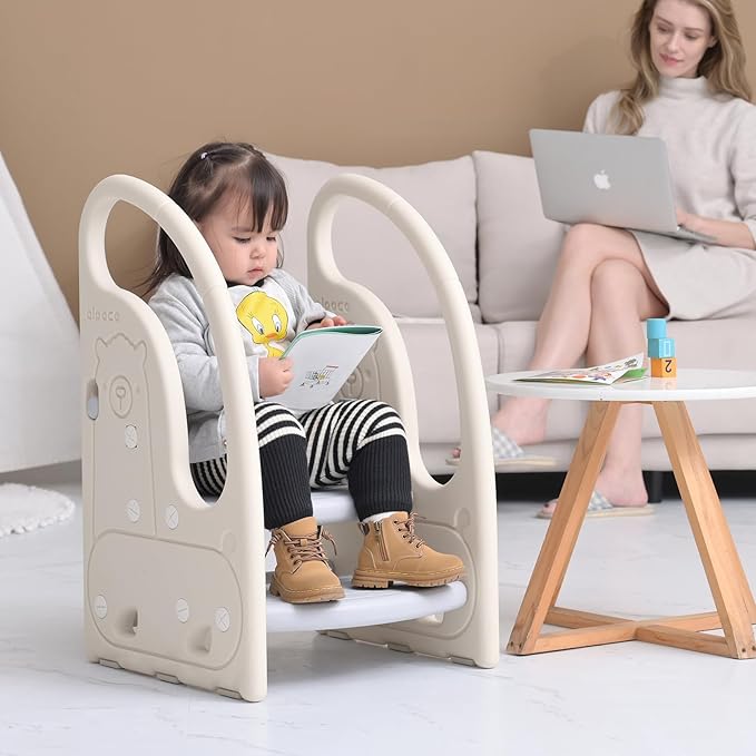 Toddler 3 Step Stool Onasti Kids Standing Tower for Toddlers Plastic Learning Helper Stool for Kitchen Counter Bathroom Sink Toilet Potty Training with Handles and Non-Slip Pads-Grey White