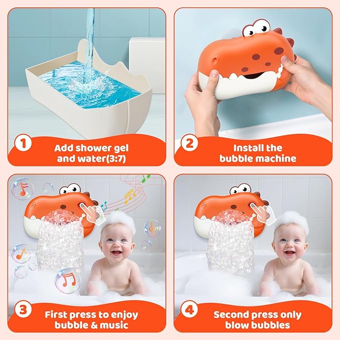 Baby Bath Toys, Rechargeable Dinosaur Bath Bubble Machine with Music, Bathtime Bathtub Toys for Toddlers Christmas Birthday Gifts, Bubble Maker Toys for Kids Ages 1-3 4-8 Baby Gifts (Red)