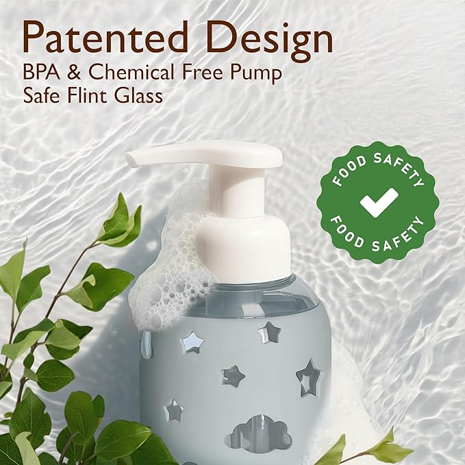SoCal Suds & Company Glass Foaming Hand Soap Dispenser, Soft Grip Silicone Sleeve, Refillable Pump Bottle for Kids, Baby Wash & Shampoo, Ideal for Home Use, Light Grey 8oz