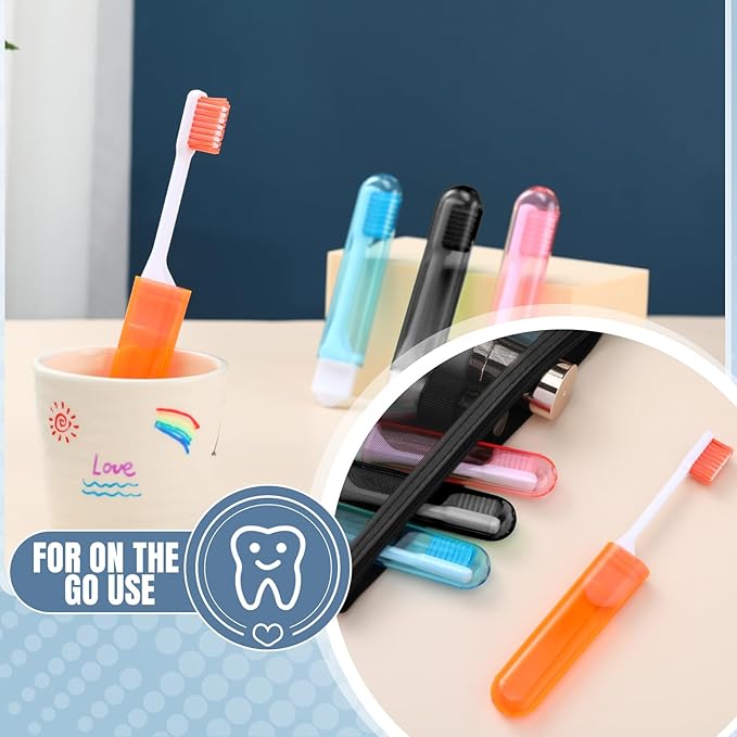 Patelai 4 Pieces Travel Toothbrush Set, Soft Bristle Mini Foldable Tooth Brush with Case, Individually Wrapped Small Portable Travel Size Toiletries Stuff for Camping (Warm Color)