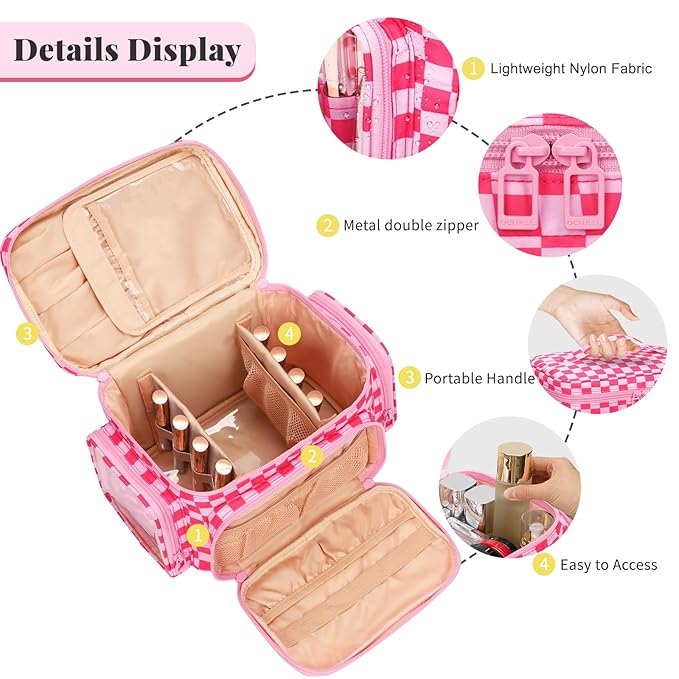 Large Checkered Makeup Bag, Travel Makeup Bag Organizer for Women Girls with Makeup Brush Compartment & Two Side Pockets, Cosmetic Travel Bag Vertical Storage Toiletry Bag- Hotpink
