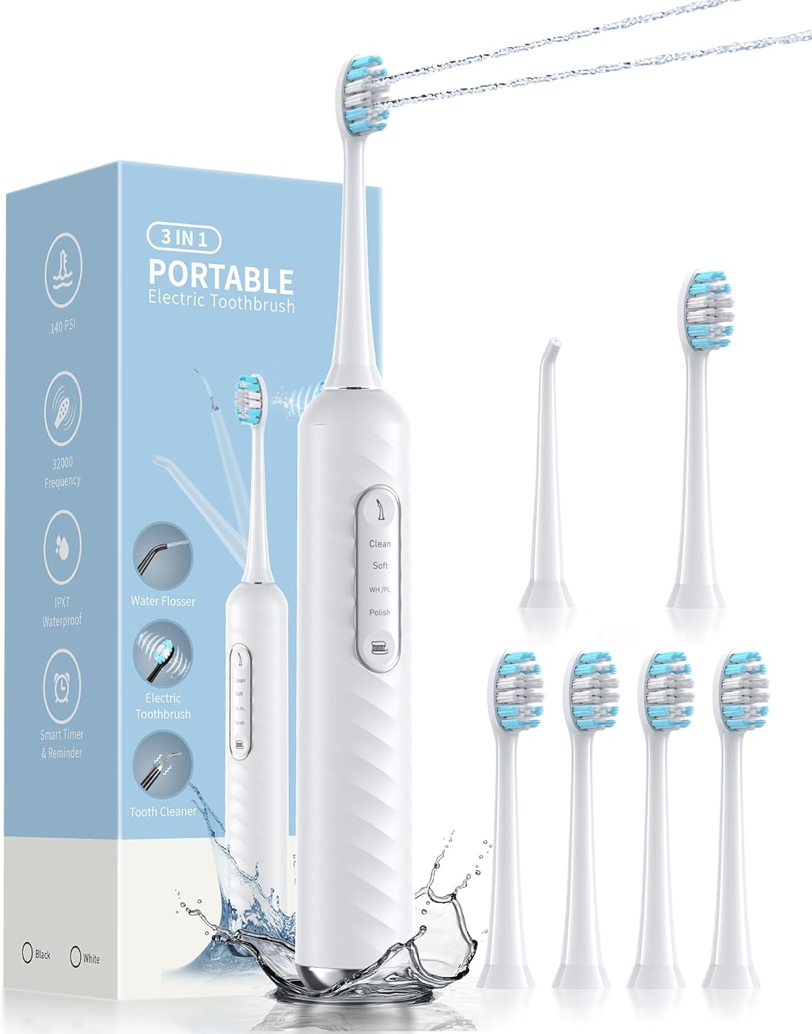 Electric Toothbrush with Water Flosser – 2-in-1 Teeth Cleaning Kit, Electric Toothbrush and flosser Combo，Toothbrush with 3 Cleaning Modes, Portable Water flosser Design for Home & Travel (White)