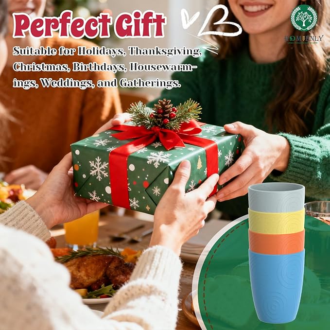 Homienly Kids Cups Premium Wheat Straw Cups Set of 4, Reusable Cups, Unbreakable Drinking Cup 12 OZ, Dishwasher and Microwave safe, Tumbler for Juice, Drinks, Milk - Beach Color