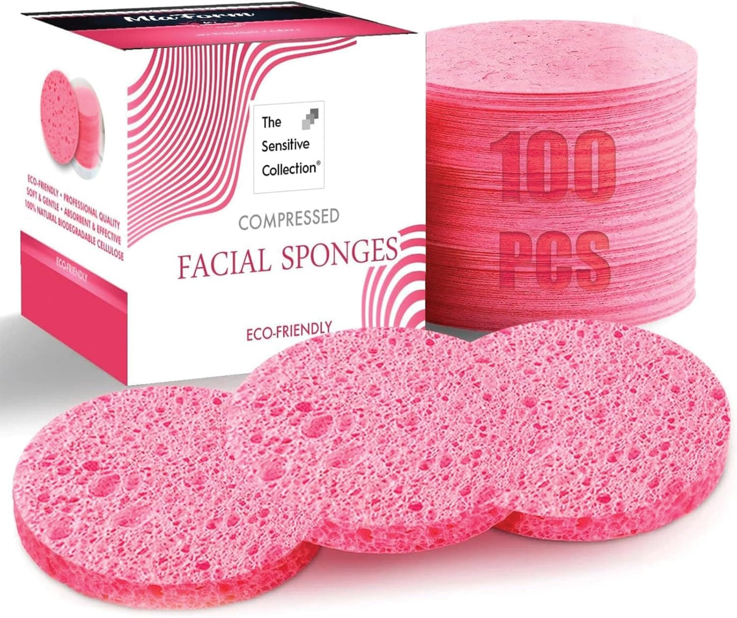 100-Count Compressed Facial Sponges, 100% Natural Cosmetic Spa Sponges for Facial Cleansing, Exfoliating Mask Pink Round