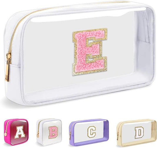 Small Clear Personalized Initial Makeup Bag,Nylon Preppy A-Z Chenille Letter Patch Cosmetic Pouch Beach Toiletry Bag,Waterproof Zipper Travel Purse Storage Bag Organizer for Women Girls(White-Pink E)