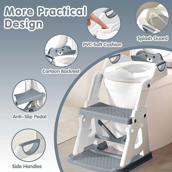 Potty Training Seat, 2 in 1 Potty Training Toilet with Step Stool for Boys Girls, Toddler Toilet Seat with Stabilizer Bar, Anti-Slip Pads and Splash Guard, Grey