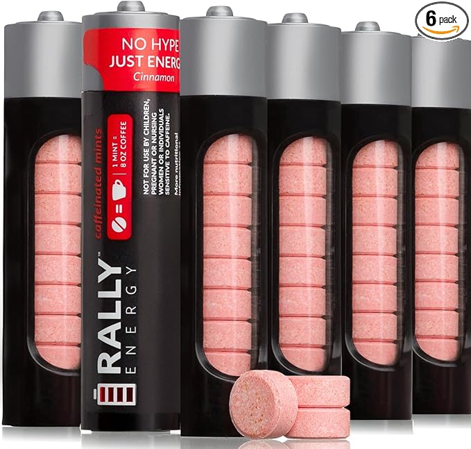 Caffeine Mints by Rally, 60milligram Caffeine, Instant Energy, Fresh Breath Caffeinated Mints, 0 Sugar, Cinnamon Flavor (6 Packs, 60 Mint)