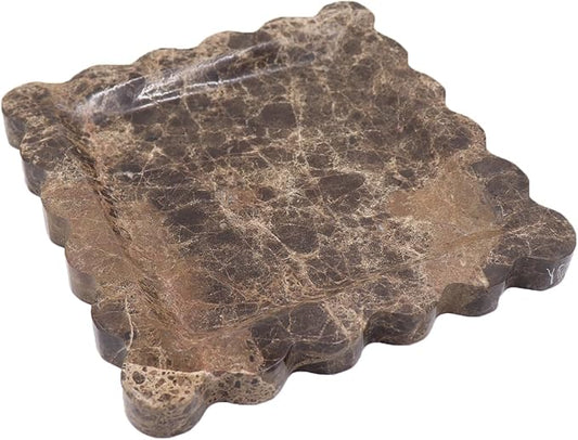 Square Marble Decorative Tray with Scalloped Edge, Luxury Natural Stone Bathroom Vanity Tray, Dresser Top Perfume Coffee Home Kitchen Sink Tray, Key Trinket Ring