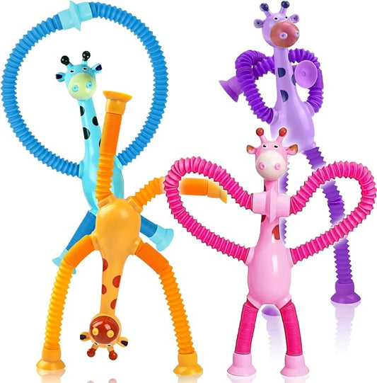 Christmas Stocking Stuffer Gift for Toddler Girls Year Old Ages 2 3 4 5 6 7 8, Giraffe Sensory Toys 4Pcs Suction Autism Toy Pop Tube Fidget Toys Autistic Travel Toys Easter Basket Valentine for Kids