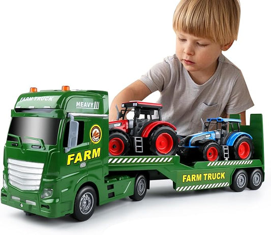 Dwi Dowellin Large Flatbed Semi Truck Toy for Kids,Includes Farm Vehicles,Car Toy Birthday Gift for 2 3 4 5 Years Old Boys and Girls