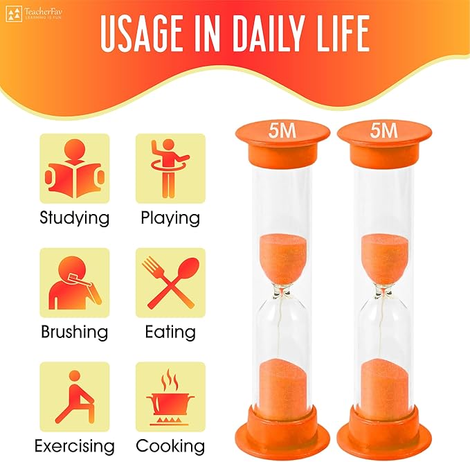 Sand Timer for Kids - 5 Minute Set of 4 Hour Glass - Orange Color- Acrylic Covered for Classroom, Home & Kids Room