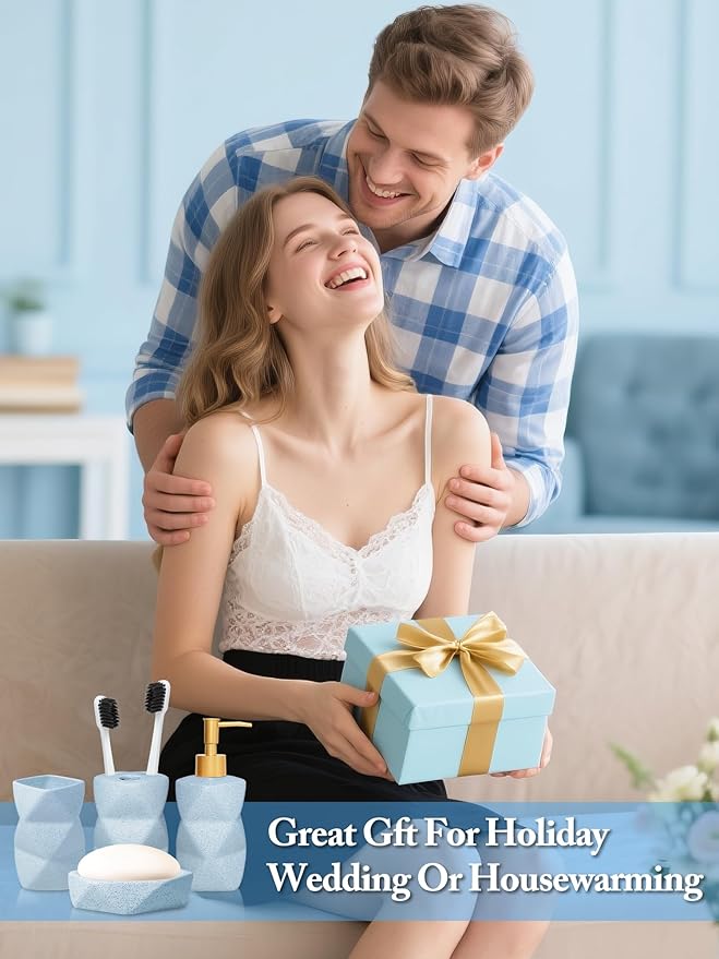 Bathroom Accessories Set,4 Pcs Bathroom Accessory Set,Includes Lotion Soap Dispenser,Toothbrush Holder,Tumbler,Soap Dish,Ceramic Bathroom Sets Complete,Bathroom Sink Set for Modern Home Decor(Blue)