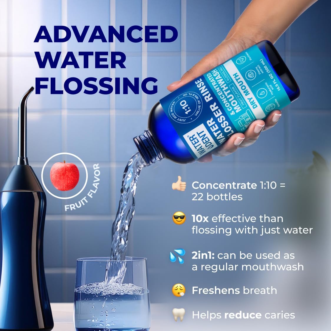 Concentrated Irrigant and mouthwash Dry Mouth | Add to Water Flossers | Fruit Flavor | When dilluted 16.9 fl.oz = 186 fl.oz | Alcohol Free, Fluoride Free. Made in USA (Non-Medical) WATER DENT