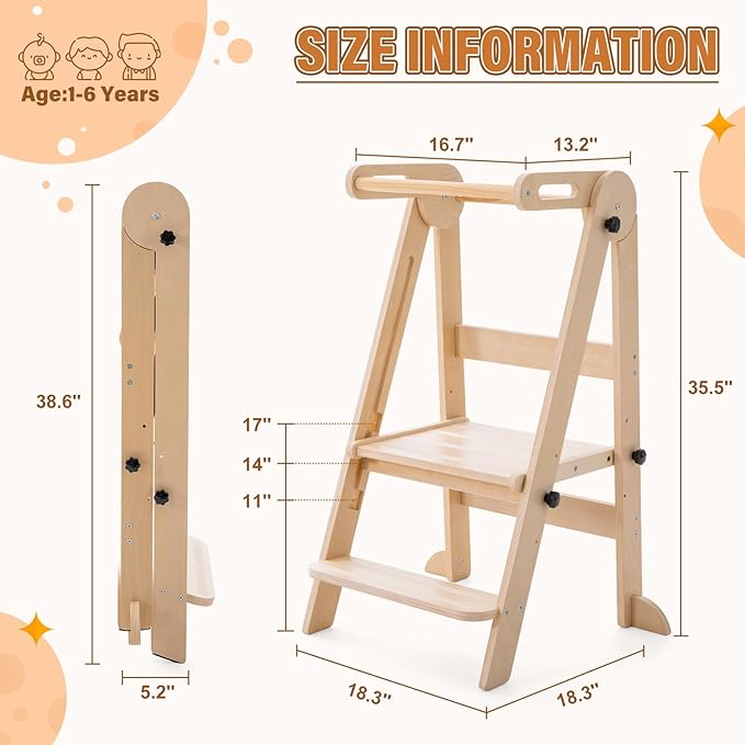 Foldable Toddler Tower - Kitchen Step Stool Helper for Kids 1-6 Years, Montessori Toddler Standing Tower with 3 Adjustable Height for Kitchen Counter Bathroom