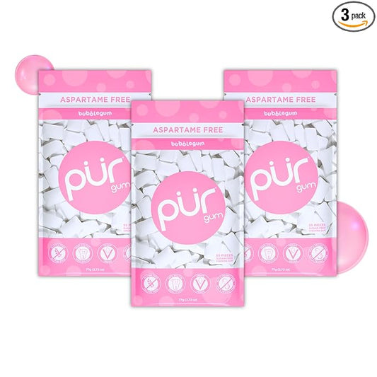 PUR Gum | Aspartame Free Chewing Gum | 100% Xylitol | Natural Bubblegum Flavored Gum, 55 Pieces (Pack of 3)