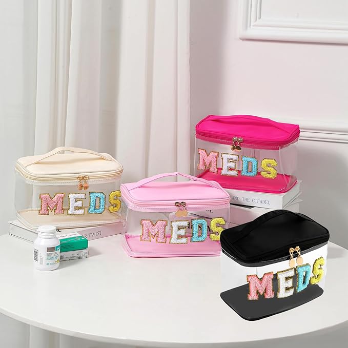 Large Waterproof Chenille Letter Medicine Clear Makeup Bag, Transparent PVC Nylon Preppy Patch Cosmetic Bag with Handle, Portable Meds First Aid Travel Organizer Cosmetic Bag (07MEDS- Black)
