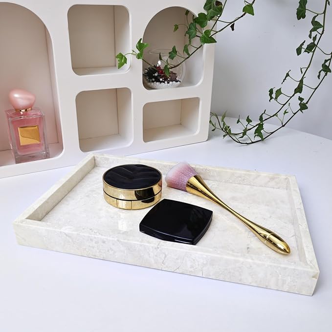 Yew & Tulip Natural Marble Vanity Tray, Luxury Stone with Beige Textures Serving Tray for Bathroom, Kitchen, Vanity, Home Decor, Wedding etc. (12" x 8" x 1.2")