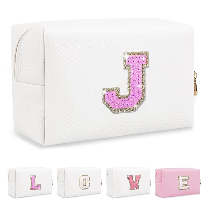 Small Initial Patch Makeup Bag Personalized Gifts Make Up Bag,White Cute PU Leather Glitter Letter Cosmetic Bag with Zipper,Trendy Portable Travel Toiletry Pouch,Preppy Stuff for Teen Girls Women J
