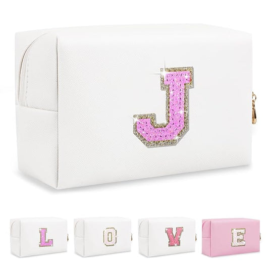 Small Initial Patch Makeup Bag Personalized Gifts Make Up Bag,White Cute PU Leather Glitter Letter Cosmetic Bag with Zipper,Trendy Portable Travel Toiletry Pouch,Preppy Stuff for Teen Girls Women J