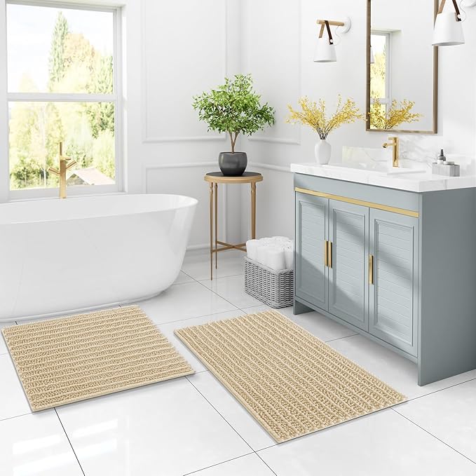 Arotive Luxury Chenille Bathroom Rug Mat, Extra Soft Thick Absorbent Shaggy Bath Rugs, Non-Slip Machine Wash Dry, Plush Bath Mats for Bathroom, Shower and Tub, 34x21, Cream Beige