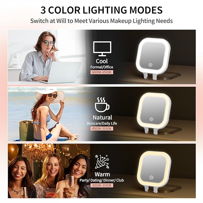 FUNTOUCH 4inch 1x 10x Magnifying Travel Makeup Mirror with Lights, Rechargeable Lighted Compact Mirror with Light, 3 Color Lighting, Double Sided Portable Handheld Hanging Compact Mirror, Dimmable
