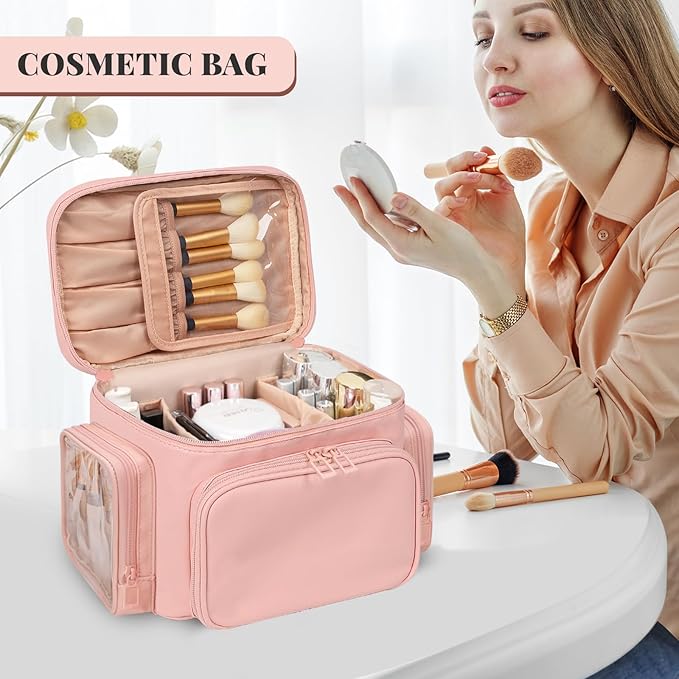 Large Makeup Bag, Portable Travel Makeup Bag Organizer for Women Girls with Makeup Brush Compartment & Two Side Pockets, Cosmetic Travel Bag Vertical Storage Toiletry - Pink