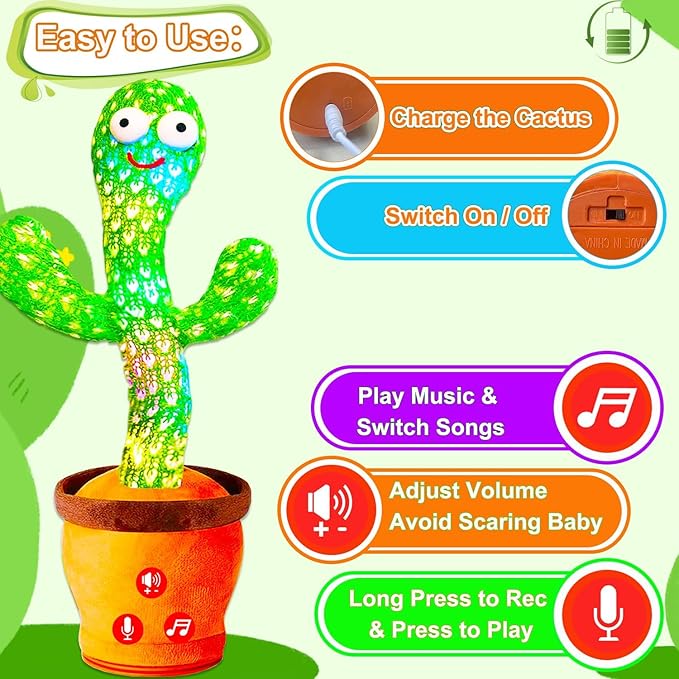 Rechargeable Dancing Talking Cactus Toy for Baby, Volume Adjustable, Singing, Mimicking, Repeating, Kids Baby Toys for Girls Boys, Birthday or Chirstmas Gifts for Grandkids, Stocking Stuffers for Kids