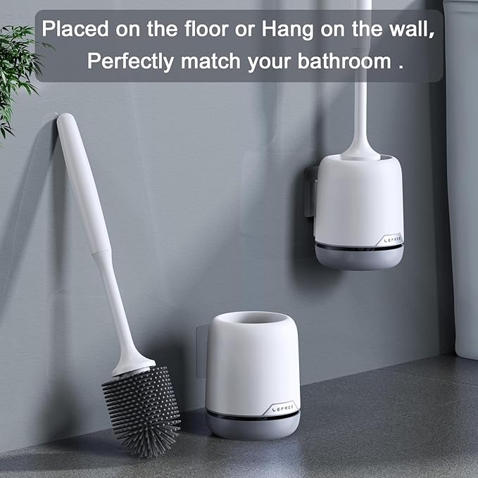Lefree Silicone Toilet Brush and Holder,Bathroom Cleaner Brush Set,Non-Slip Handle Toilet Bowl Brush with TPR Soft Bristle,Wall Mounted/Floor Standing
