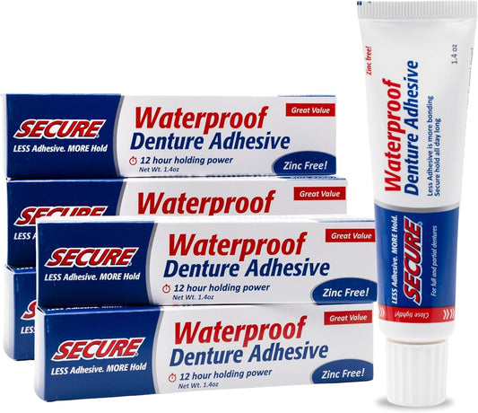 Secure Waterproof Denture Adhesive - Zinc Free - Extra Strong Hold For Upper, Lower or Partials - 1.4 oz (Pack of 5)