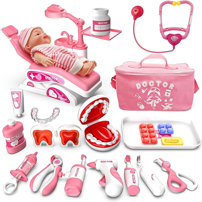 Toy Doctor Kit for Toddlers, Kids Dentist Play Set with Dentist Chair, Doll Toy, Stethoscope, Large Carrying Storage Bag, Dental Accessories, Pretend Doctor Play Medical Gift Kit for Girls(Pink